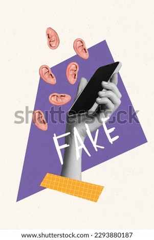 Collage artwork graphics picture of arm reading modern device fake news isolated painting background