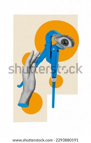 Collage artwork graphics picture of arm repairing tool eyesight isolated pastel beige color background