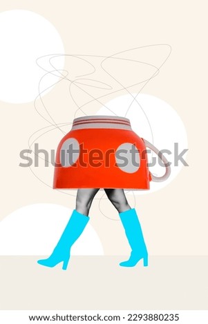 Creative magazine collage of girl walking her painted cyan high heels shoes cover teapot porcelain utensil isolated on drawn background