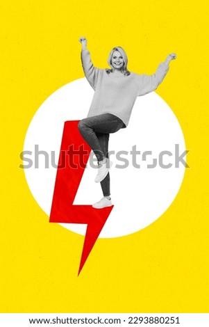 Photo banner collage of strong successful woman superhero thunderstorm fists up no gender discrimination isolated on yellow background
