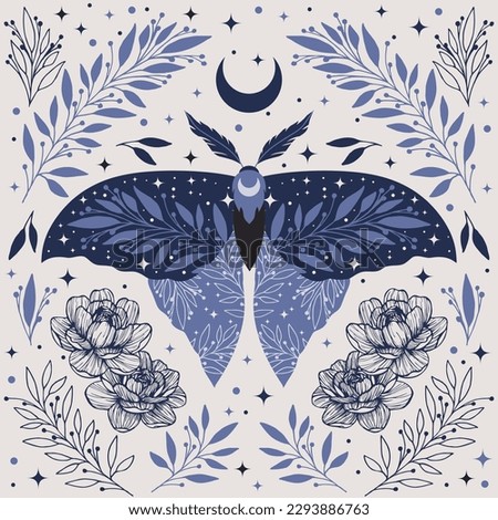 Magical blue luna butterfly bloomy starry space and herbs bohemian graphics print. Spiritual Boho folk art vintage celestial design Royalty-Free Stock Photo #2293886763