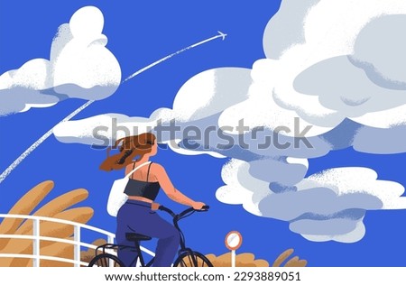 Summer landscape with sky, clouds, girl riding bicycle. Active young woman travels on holiday, cycling bike. Freedom, pleasure, dream concept. Summertime vacation vibe. Flat vector illustration