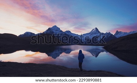 Great view of the snow rocky massif. Location place Bachalpsee in Swiss alps, Grindelwald valley, Bernese Oberland, Europe