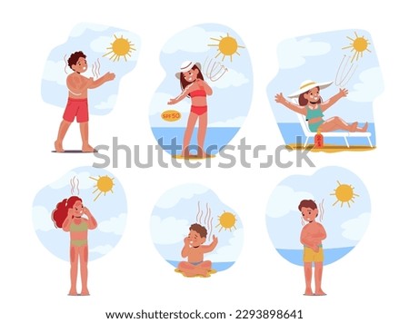 Set Concept of Children's Skin Sunburn Cause Redness, Pain, And Blisters due to Overexposure To The Sun's Harmful Uv Rays And Can Be Prevented By Using Sunscreen. Cartoon People Vector Illustration Royalty-Free Stock Photo #2293898641
