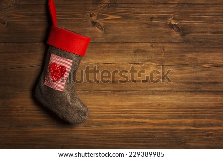 Christmas Stocking, Sock Hanging Over Grunge Wooden Background, Brown Wood Wall Xmas Decorative  Texture 