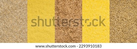 Various grain cereals banner, top view, barley and wheat grits, corn grits and couscous, pearl barley