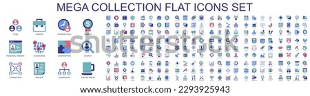 Mega set of vector color flat icons. Contains such Icons as Business, Contact Us, Blogger, Teamwork, Data Analytics, SEO, Learning, Fitness, Success and more. Bundle icon. Flat pictogram pack. Royalty-Free Stock Photo #2293925943