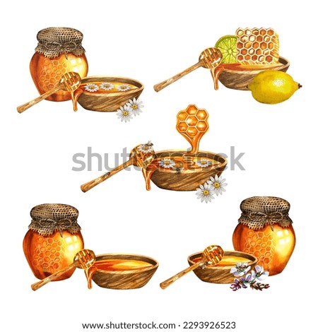 A set of compositions with honey.Isolate on a white background. watercolor hand drawn illustration. For design solutions for banners, postcards, packaging and labels, stickers, etc.