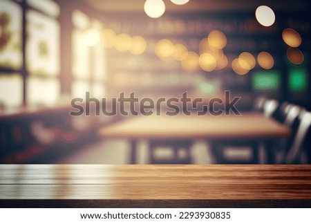 Rustic wooden table in a classroom setting, perfect for displaying educational products or designs. Table-top view on blurred background with empty tables and atmospheric light. Flawless