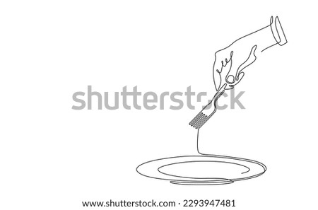 One continuous line drawing of hand, fork and plate with place for text in simple linear style. Single line drawing of  Hand draw sketch. Minimalist vector line art illustration  for restaurant menu Royalty-Free Stock Photo #2293947481