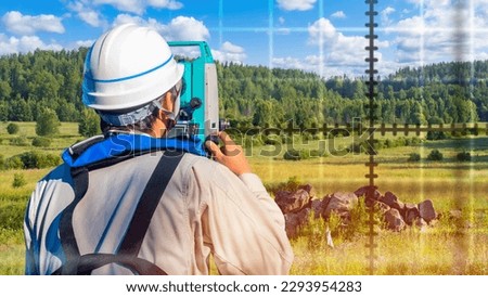Man surveyor. Guy makes topographic picture nature. Surveyor with his back to camera. Topographic worker. Builder with geodetic instrument. Geodetic surveys of area. Optical theodolite in man hands Royalty-Free Stock Photo #2293954283