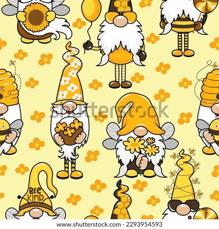 Garden honeybee gnomes pattern design in bee colors - funny drawing seamless pattern. wallpaper, wrapping paper.  Royalty-Free Stock Photo #2293954593