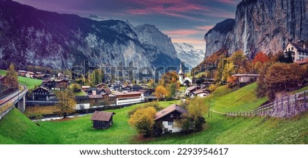 Scenic view on mountain highland. Panorama view on Lauterbrunnen valley during sunset, Switzerland. Iconic location for landscape photographers. most popular place of travel and Outdoor vacations