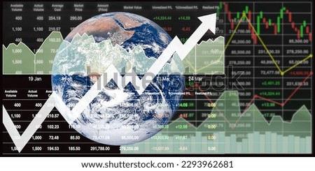 Global stock markets index growth image with graphs, charts, candlesticks, numbers and arrow up symbols for business data visualization presentation and reports background.
