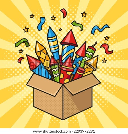 Box with fireworks rockets pinup pop art retro vector illustration. Comic book style imitation.