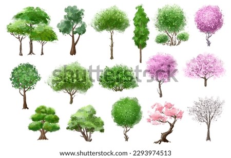 Cute trees and bushes jpeg clipart set on a white background, Summer plant digital file greenery watercolor illustration 