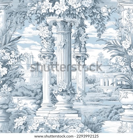Ancient pillar in a garden toile de jouy seamless pattern illustration Royalty-Free Stock Photo #2293992125