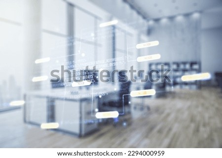 Multi exposure of abstract creative coding sketch on a modern furnished office background, artificial intelligence and neural networks concept