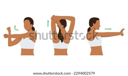 Woman stretching posture for aches treatment at shoulder, arm, neck and back. Flat vector illustration isolated on white background Royalty-Free Stock Photo #2294002579