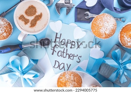Father's day holiday greeting card. Father's Day morning breakfast with cute surprise background, with gift boxes, cupcakes, coffee mug, heart decor, tools and ties, Happy Father's Day letter