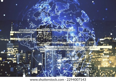 Multi exposure of abstract creative coding sketch and world map on San Francisco city skyline background, artificial intelligence and neural networks concept