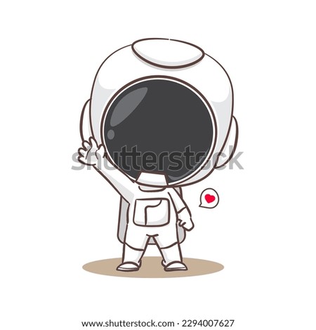 Cute astronaut say hello cartoon character. Space concept design. Hand drawn flat adorable chibi vector illustration. Isolated white background