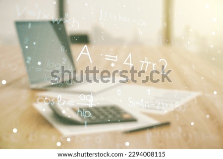 Scientific formula hologram on calculator and pc background, research concept. Multiexposure Royalty-Free Stock Photo #2294008115