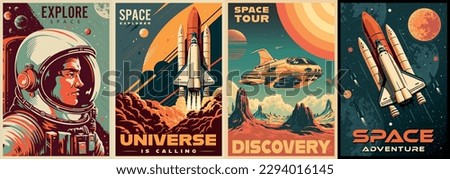 Space discovery colorful set flyers intergalactic ships and brave astronaut for science fiction literature about colonization distant planets vector illustration Royalty-Free Stock Photo #2294016145