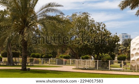 Sharjah city view, high rise buildings with lagoon. High quality photo