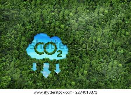Concept depicting the issue of carbon dioxide emissions and its impact on nature in the form of a pond in the shape of a co2 symbol located in a lush forest. Royalty-Free Stock Photo #2294018871