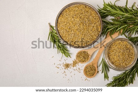 Dried rosemary and branches of fresh rosemary on a white texture background. Spicy spices. Seasoning for meat and fish. Cooking concept. RECEPT. Close-up. place for text.
