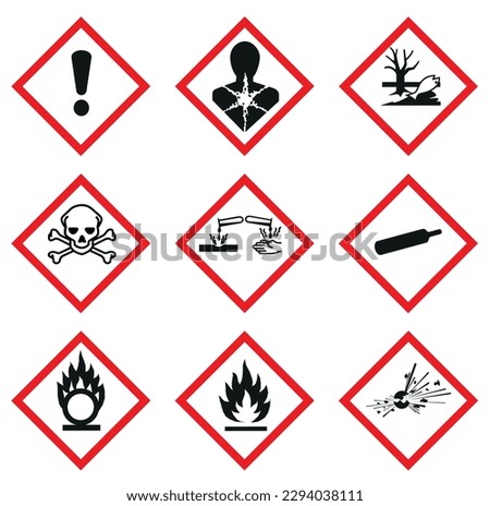 GHS Hazard pictograms. Danger warning sign isolated vector illustration, Danger icon. Dangerous symbols. Ghs Warning signs: explosive, flammable, oxidizing, compressed gaz, corrosive, toxic, harmful, 
