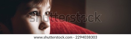 Beautiful brown eyes of 6 year boy looking at screen close-up. Child is watching TV, cartoons or video too long. Side view. The concentrating kid. Plays computer game. Vision load. Attention.