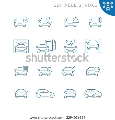 Vector line set of icons related with car. Contains monochrome icons like car, service, auto, repair and more. Simple outline sign. Editable stroke.