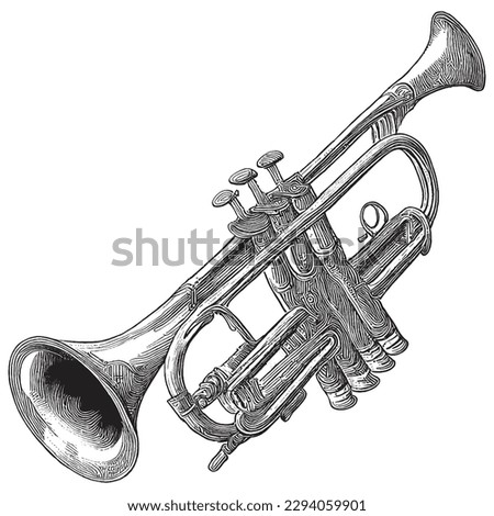 Hand Drawn Engraving Pen and Ink Trumpet Vintage Vector Illustration Royalty-Free Stock Photo #2294059901