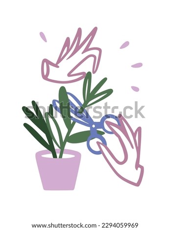 Plant care illustration, pruning with scissors, rooting, cuttings, grafting. Hands. Flower in a pot. Simple vector cartoon flat outline doodle.