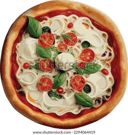 Vector Pizza mozzarela with tomato and green leaves