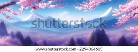 Japanese landscape with sakura trees against the backdrop of mountains and a volcano. beautiful fantasy landscape. vector banner illustration Royalty-Free Stock Photo #2294064605
