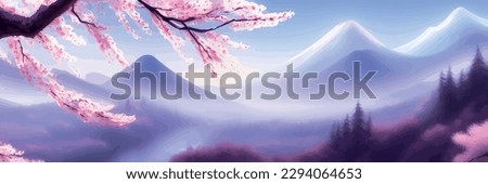 Japanese landscape with sakura trees against the backdrop of mountains and a volcano. beautiful fantasy landscape. vector banner illustration Royalty-Free Stock Photo #2294064653