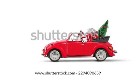 Santa Claus driving red car with christmas gift and christmas tree isolated on a white background.