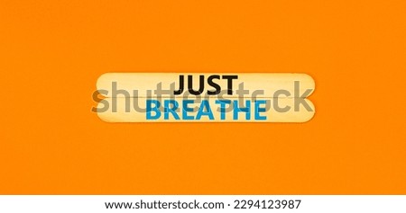 Just breathe and psychological symbol. Concept words Just breathe on beautiful wooden stick. Beautiful orange table orange background. Business psychological and Just breathe concept. Copy space
