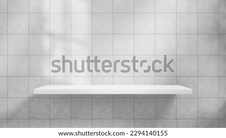 white table background with sunlight and shadows and gray tile backdrop, product and cosmetic empty stage podium table design