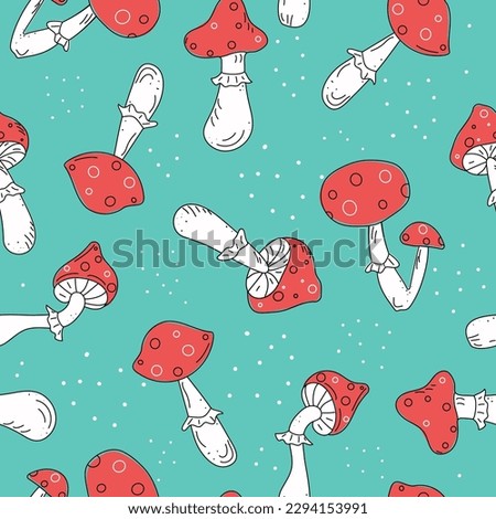 Mushroom seamless pattern. Amanita Muscaria (fly agaric) texture design for textile, wrapping paper. Magic wonderful mushroom backdrop. Vector illustration,  isolated  background.