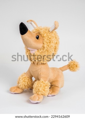 Soft children's toy dog poodle on a white background.