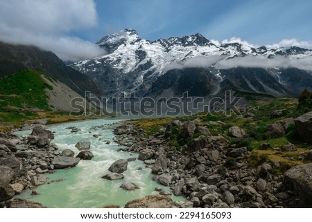 Aoraki, Mount Cook National Park in the South Island of New Zealand. Aoraki, Mount Cook, New Zealand's highest mountain, and the eponymous village lie within the park. Royalty-Free Stock Photo #2294165093