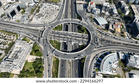 Aerial drone photo of multilevel ring circular junction of Kifisias Avenue, National motorway and Attiki odos crossing Attica prefecture, Marousi, Greece  Royalty-Free Stock Photo #2294166297