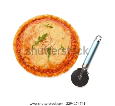 Tasty pizza with parmesan cheese and cutter on white background