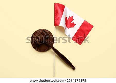 Flag of Canada with judge's gavel on beige background