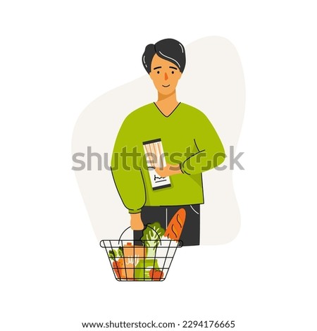 Eat Healthy Food. Man holding a basket of groceries and a shopping list. Vegetarian or gluten free concept. Can be used for social media banner, web page, flyer. Cartoon Doodle Vector Illustration.