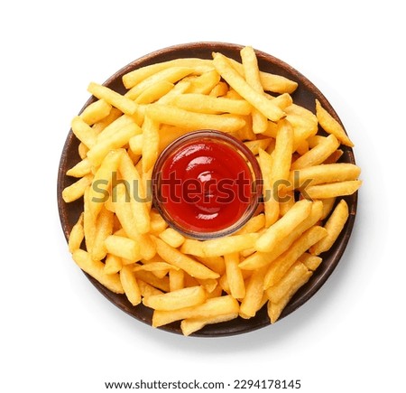 Plate of tasty french fries and ketchup on white background Royalty-Free Stock Photo #2294178145